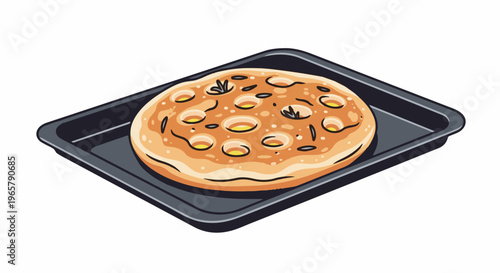 Round flatbread with dimpled surface and toppings on a baking tray