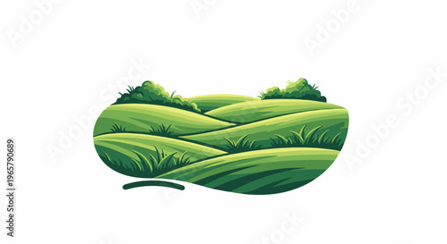 Rolling green hills with grass and trees, white background