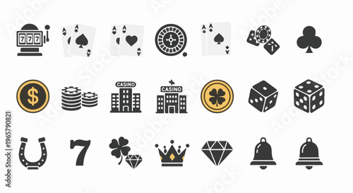 Gambling and casino icons including slot machine, cards, dice, roulette, chips, and lucky symbols