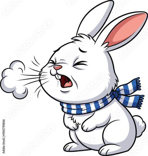A cartoon rabbit sneezing with a blue and white checkered scarf around its neck
