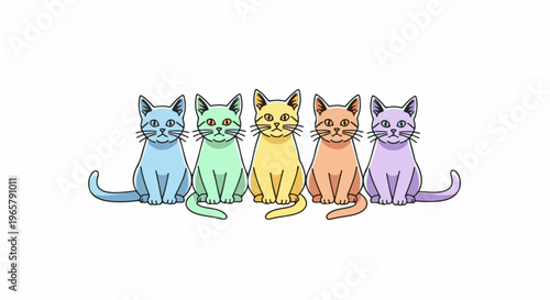 Five cartoon cats in pastel colors sit in a line