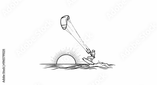 Kitesurfer on waves with sunburst sunrise