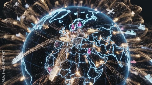 Global supply chain network and logistics visualization with airplanes and cargo ships seamlessly transporting goods across countries