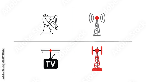 Collection of icons representing different types of communication and broadcasting technologies