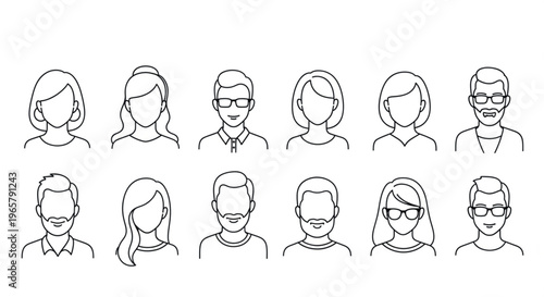 Minimalist line art avatar set of 12 diverse people icons, thin outline profile characters for web design, modern faceless human user portraits