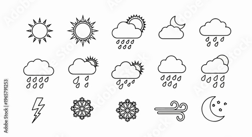 Collection of weather icons sun, clouds, rain, snow, lightning, wind, moon