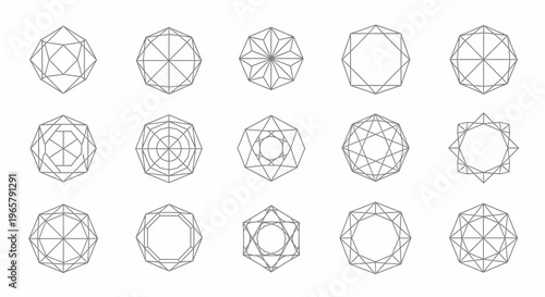 Abstract geometric shapes collection, minimalist line art polygons and polyhedra. Modern vector design elements for technology, science, and spiritual concepts.