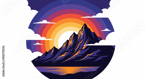 Pixelated mountain range at sunset with rainbow and clouds reflected in water