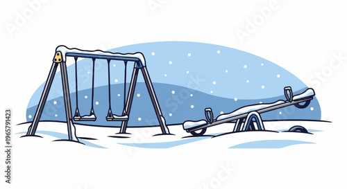 Snowy playground with swings and a seesaw