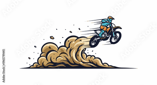 Motocross rider mid-air, kicking up a large plume of dust