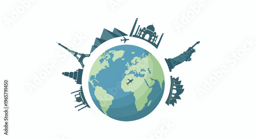 Famous global landmarks circling a stylized Earth with airplanes