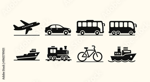 Collection of black silhouette icons representing various modes of transportation including air, land, and sea vehicles in a flat design style.