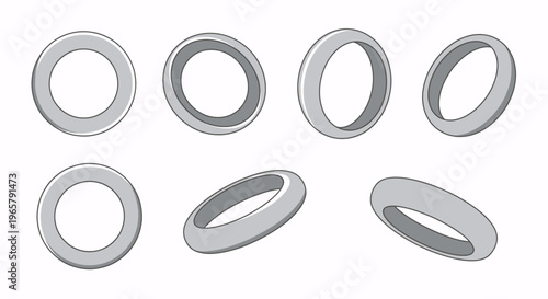 Dynamic set of silver-gray metallic rings at various rotational angles, illustrating perspective and movement. Clean vector graphic elements for industrial and technology.