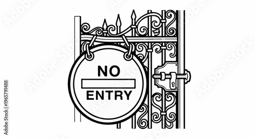 Ornate gate with a "NO ENTRY" sign and a secured latch