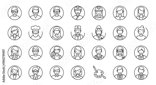 Minimalist user avatar icons, 28 professional profile line art symbols, diverse people character headshots for web and app interface design