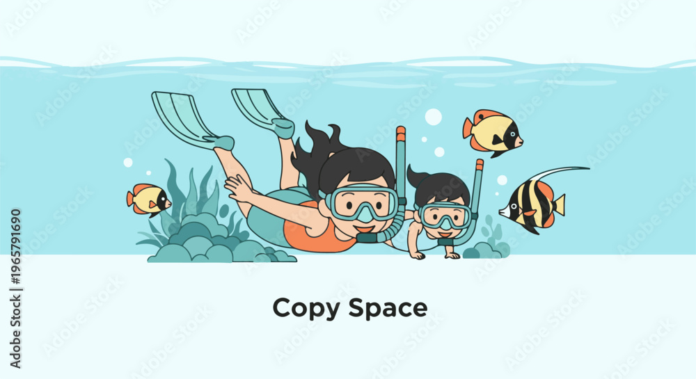 Obraz premium Cartoon children in diving gear explore the ocean with colorful fish