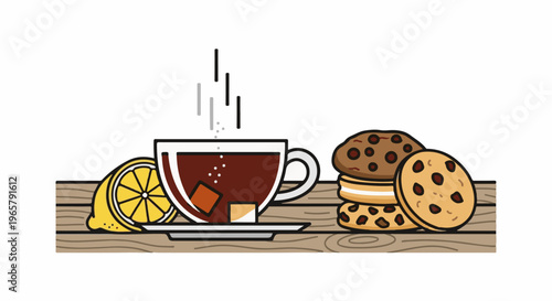 Steaming cup of tea with lemon and cookies on a wooden table