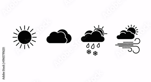 Set of four weather condition icons: sun, clouds, rain and snow, windy with sun, isolated on white background