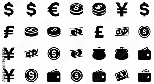 Collection of currency symbols, coins, banknotes, and wallets in black and white icons for finance and business concepts