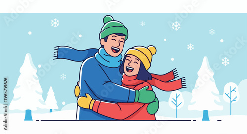 Couple embracing in a snowy winter landscape, happily enjoying the season
