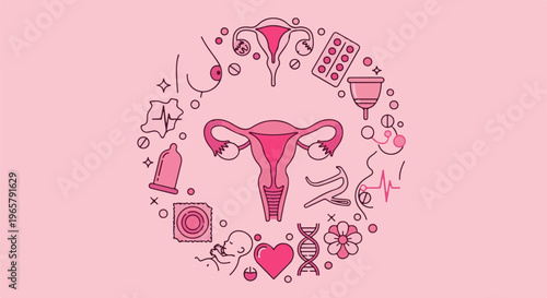 Pink illustration of female reproductive system and related icons