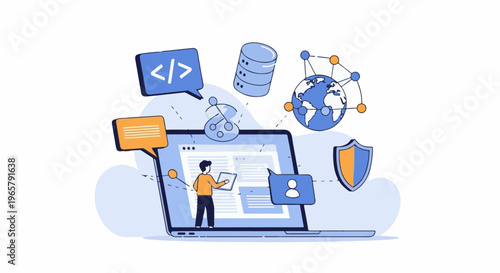 Person interacting with digital interface showing code, network, database, and security