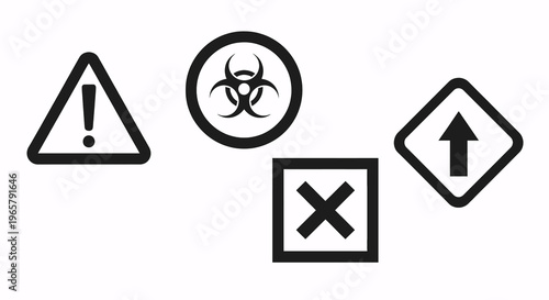 Set of warning and information signs: biohazard, exclamation mark, cross, and directional arrow