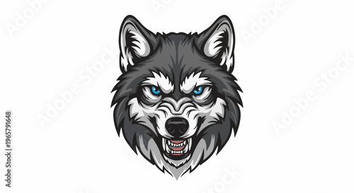 Ferocious wolf head with bright blue eyes and bared teeth, graphic illustration