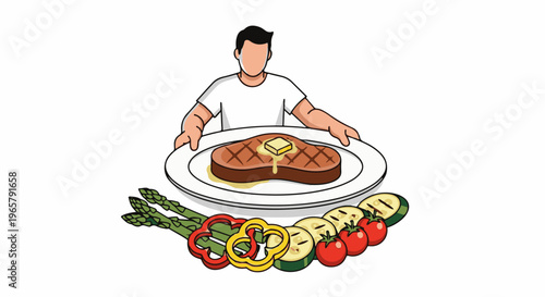 Person presenting a steak dinner with grilled vegetables and butter melting