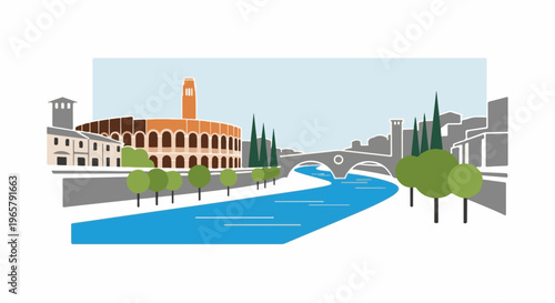 Stylized cityscape featuring an ancient amphitheater, bridge, and river