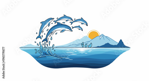 Playful dolphins leap from blue ocean waves against a backdrop of mountains