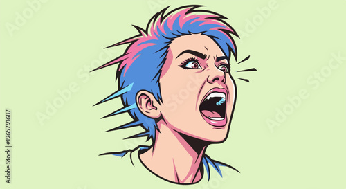 Fierce punk-style female portrait with spiky blue and pink hair, shouting