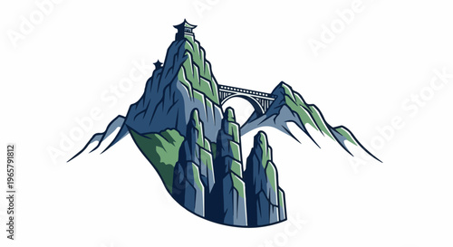 Stylized mountain peaks with a bridge and pagoda-like structure