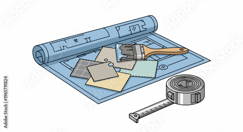 Blueprint with swatches, paint brush and tape measure for home renovation
