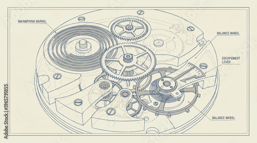 Detailed blueprint of a mechanical watch.