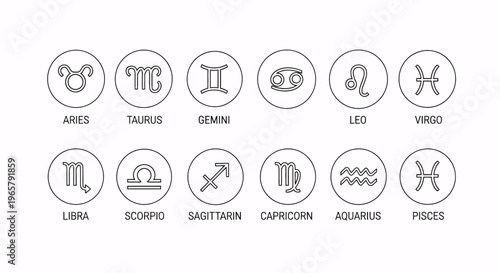 Clean minimalist line icon set of all twelve zodiac astrology signs, from Aries to Pisces. Ideal for astrology, horoscope, and spiritual designs.