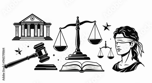 Black and white illustrations of justice symbols and courthouse