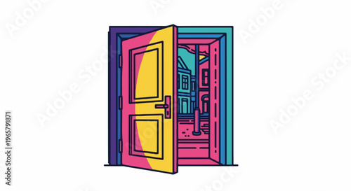 Open doorway reveals a vibrant, stylized urban scene with colorful buildings