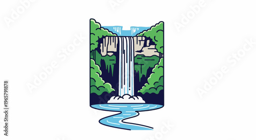 Stylized illustration of a cascading waterfall surrounded by lush green foliage