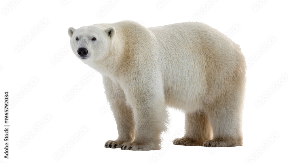 Fototapeta premium Majestic powerful polar bear with thick white fur standing and looking directly forward, perfectly isolated on transparent background for wildlife projects
