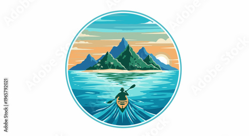 Kayaker approaches lush green islands at sunset