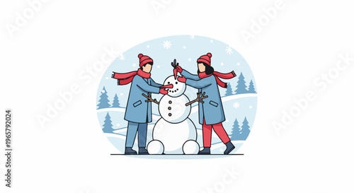 Two people build a snowman in a snowy landscape