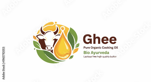Logo with cow head, oil drop, leaves, and text about ghee