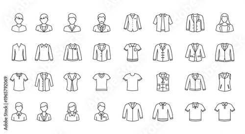Minimalist clothing line icons, 32 apparel and fashion avatar elements, black outline garment symbols for retail and e-commerce apps