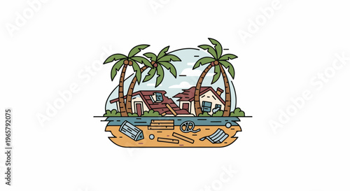 Illustration of hurricane damage to coastal homes and debris on a beach