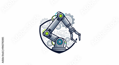 Stylized robotic arm with gears and circuits within a shield
