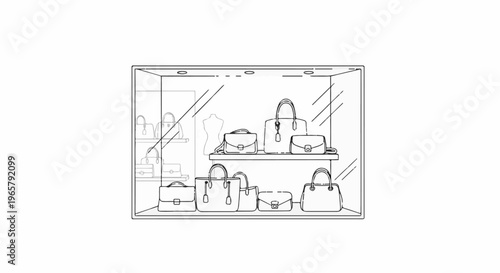 Display case with multiple handbags on shelves, sketch