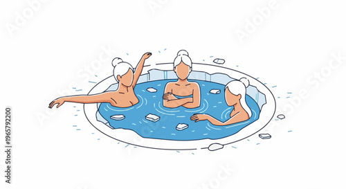 Three women relaxing in a blue hot tub surrounded by ice cubes and bubbles