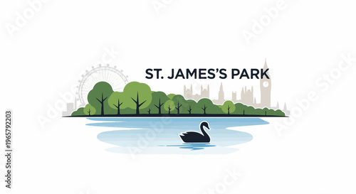 Stylized cityscape with a lake, swan, trees, and prominent landmarks