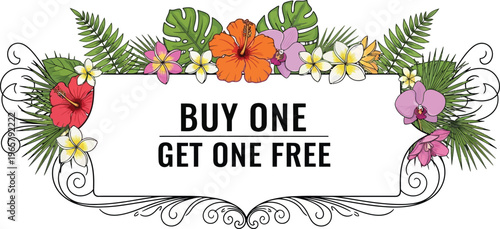 A colorful floral illustration with a buy one get one free promotional offer